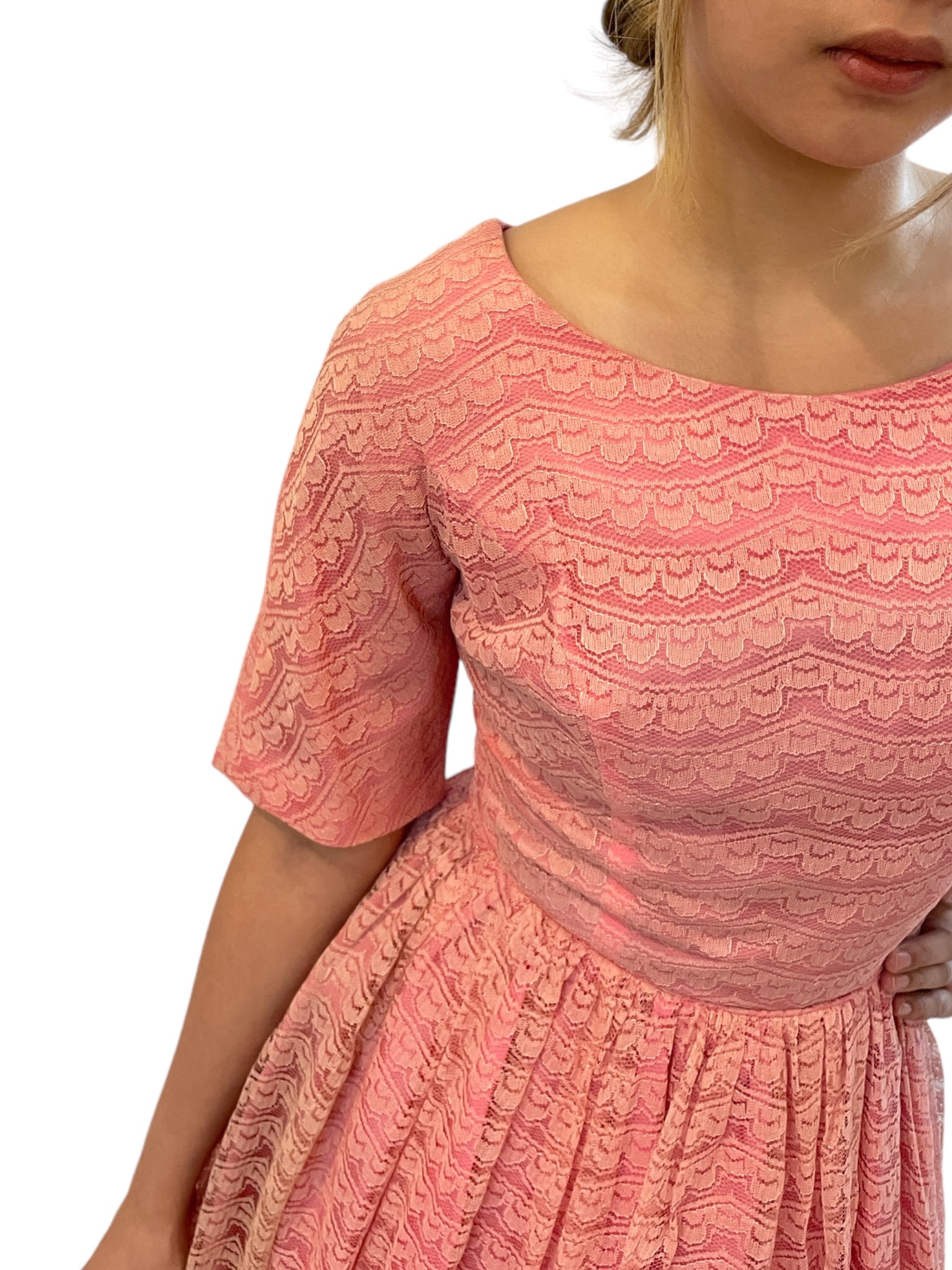 1950s Fit Flare Pink Lace 3/4 Sleeve