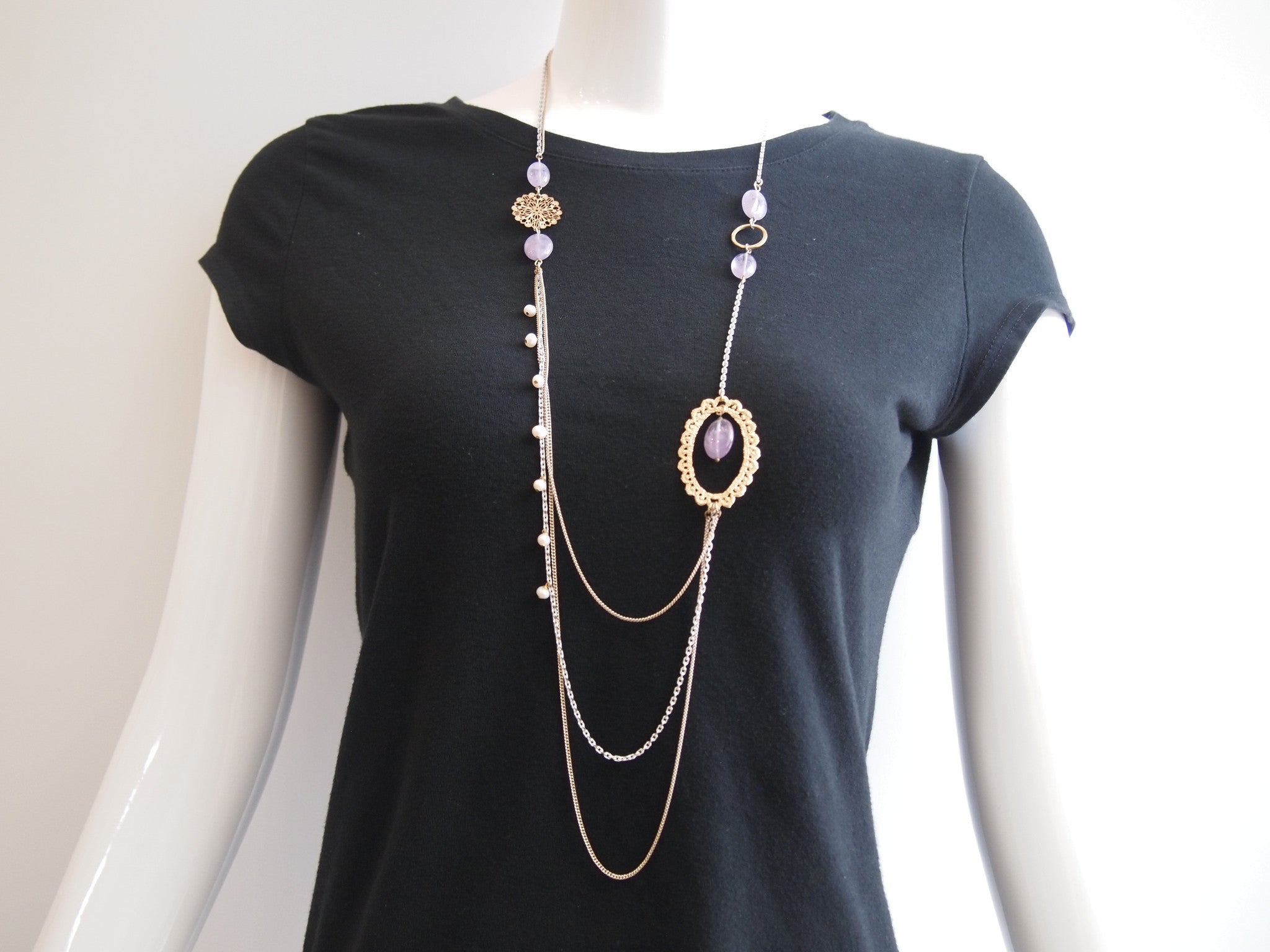 Handmade necklace with purple amethyst & freshwater pearl