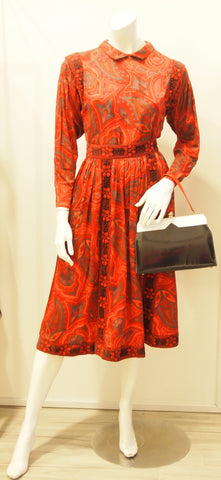 Vintage Victor Costa Red Pansy Print Longsleeve Top and Skirt Set with Velvet Embroidered Trim