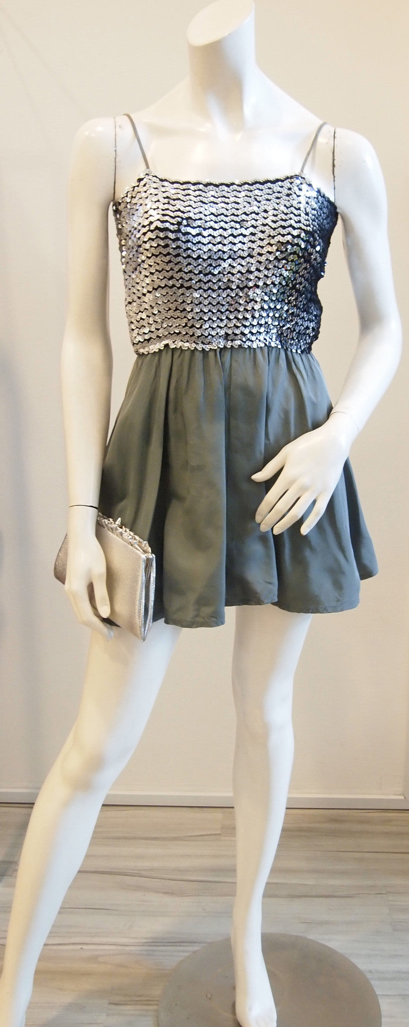 Silver sequin top and grey skirt