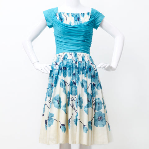 RARE 50S FIT AND FLARE DRESS IN BLUE FLORALS