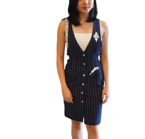Quirky Ways Vintage Navy White Stripes Overall Dress