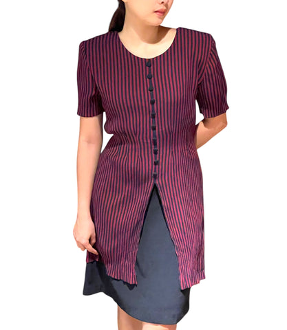 Flirty Hem - Vintage Maroon Black Stripes Short Sleeve Dress
