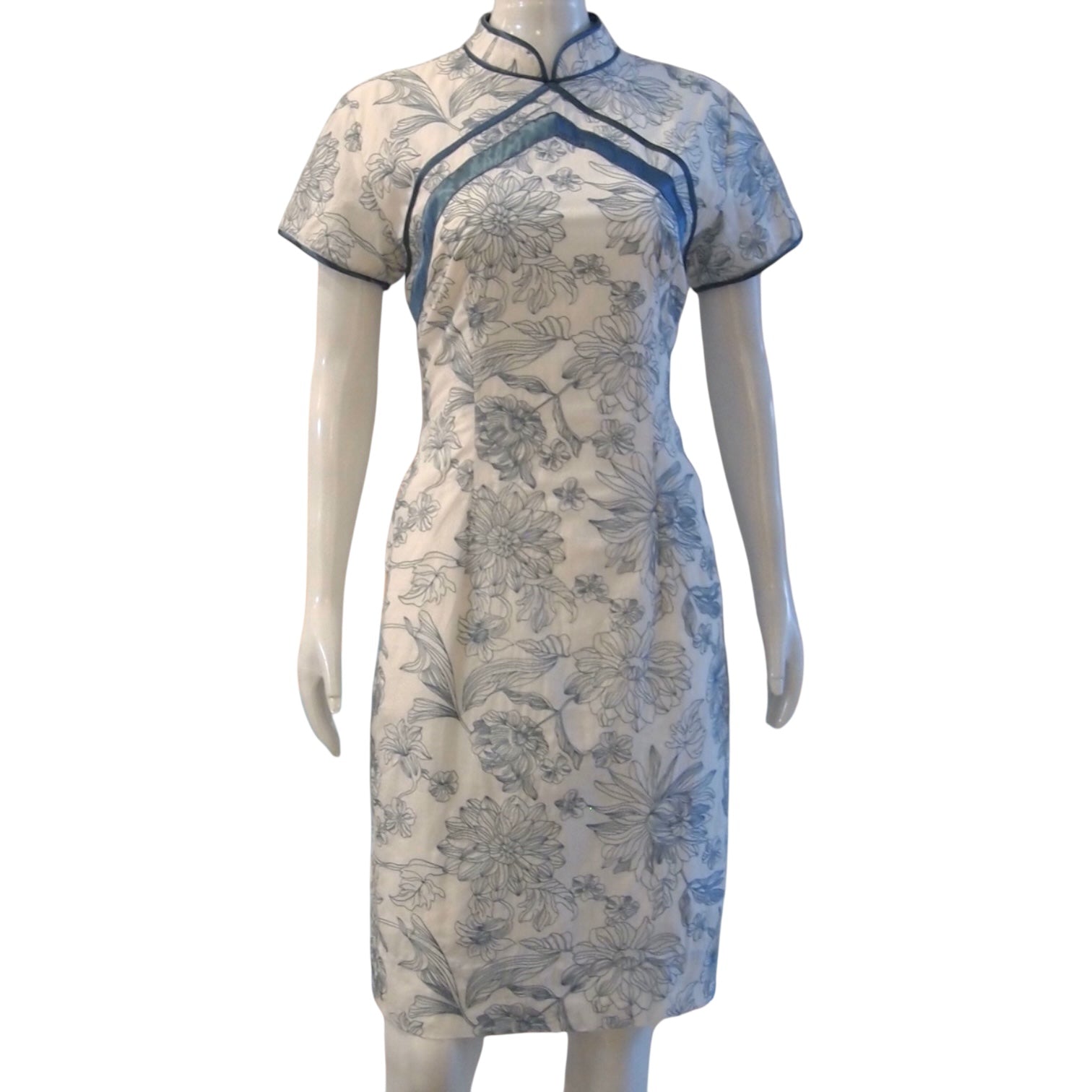 PORCELAIN BLOOM - BLUE WHITE TEXTURED CHINE EMBROIDERED COTTON FLORALS HANDMADE MODERN CHEONGSAM DRESS