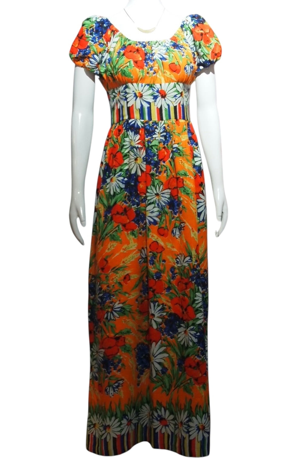 Vintage 70s Bright Orange Floral Off Shoulder Dress