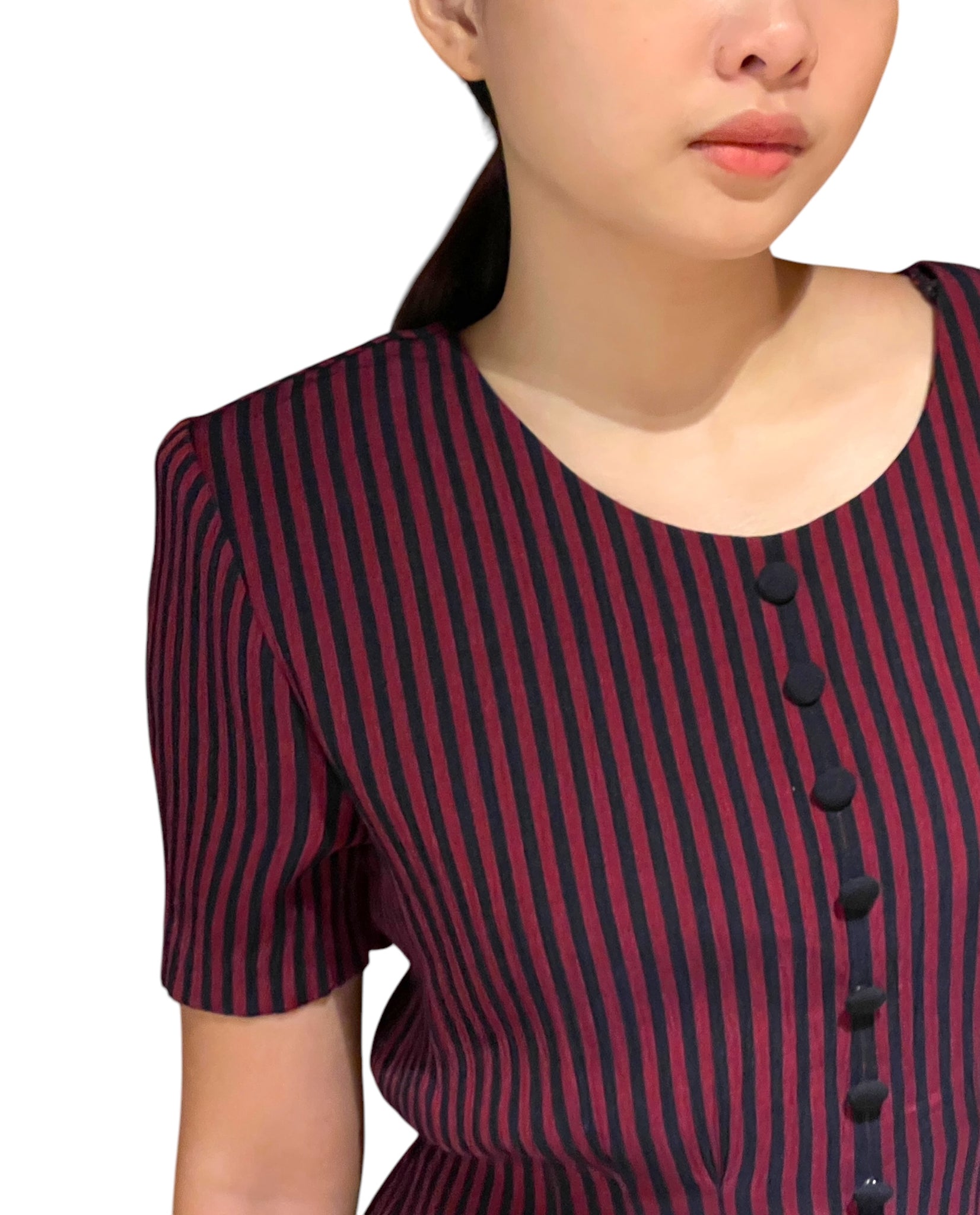 Flirty Hem - Vintage Maroon Black Stripes Short Sleeve Dress