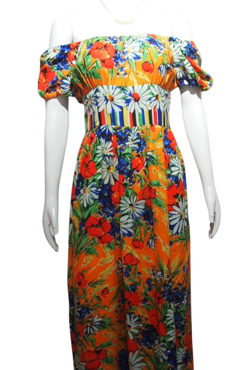 Vintage 70s Bright Orange Floral Off Shoulder Dress