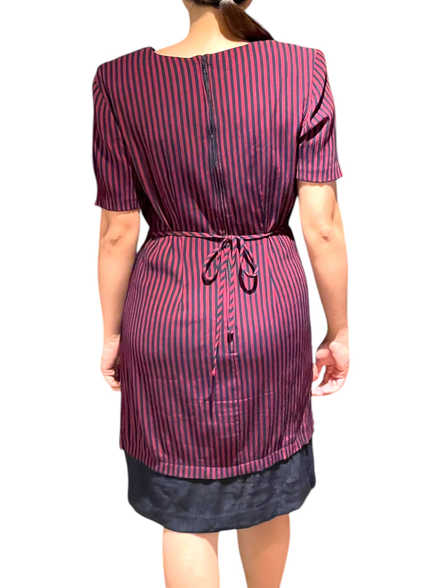 Flirty Hem - Vintage Maroon Black Stripes Short Sleeve Dress