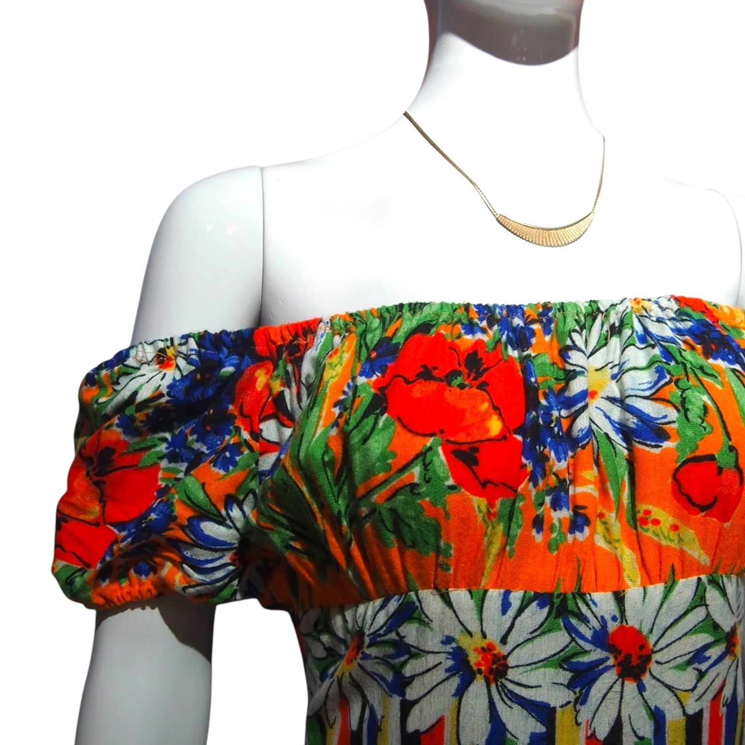 Vintage 70s Bright Orange Floral Off Shoulder Dress