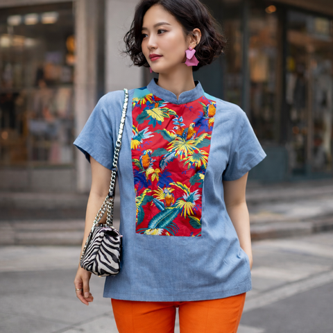 RED PARROT DENIM TOP - HANDMADE MODERN COTTON CHEONGSAM