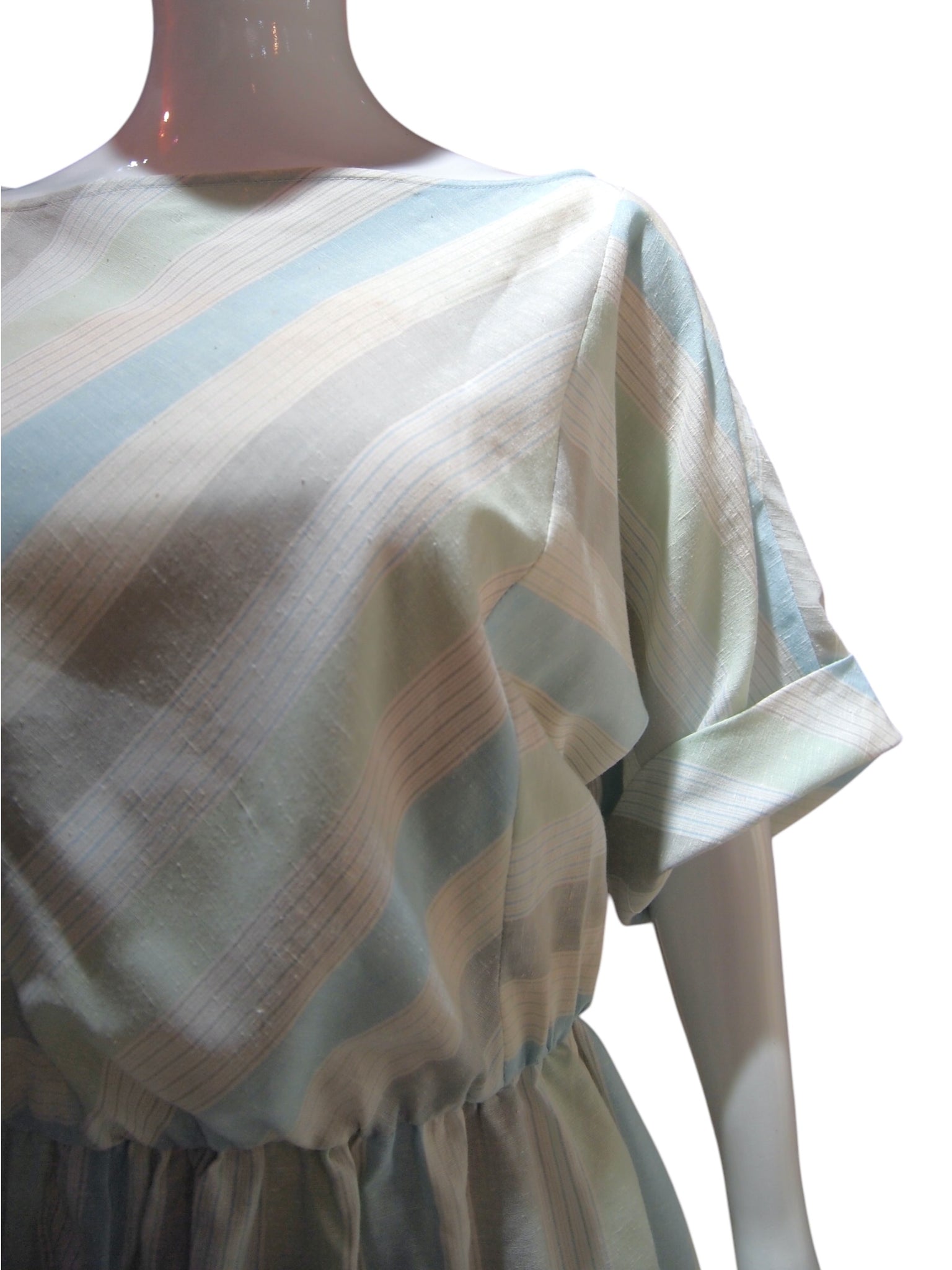 Pastel Glide - Vintage Slouchy Sleeve Pastel Green Stripes Dress