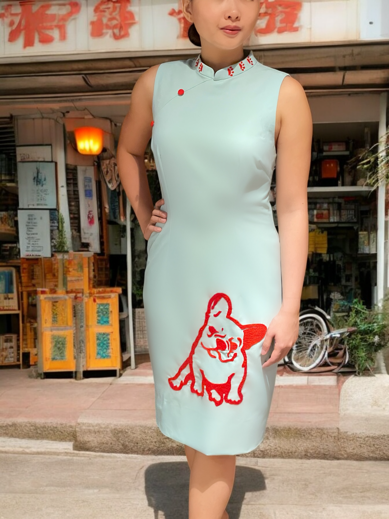 FRENCHIE - HANDMADE, HAND-EMBROIDERED SILK-COTTON CHEONGSAM