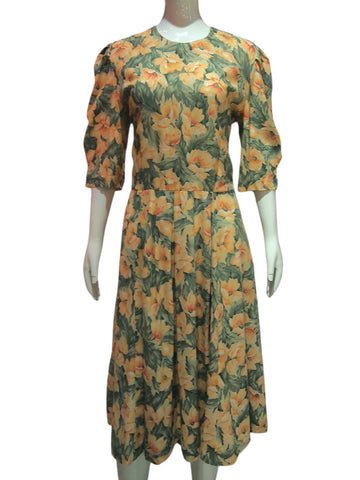 Citrus Meadow - Vintage Floral 3/4 Sleeve Dress