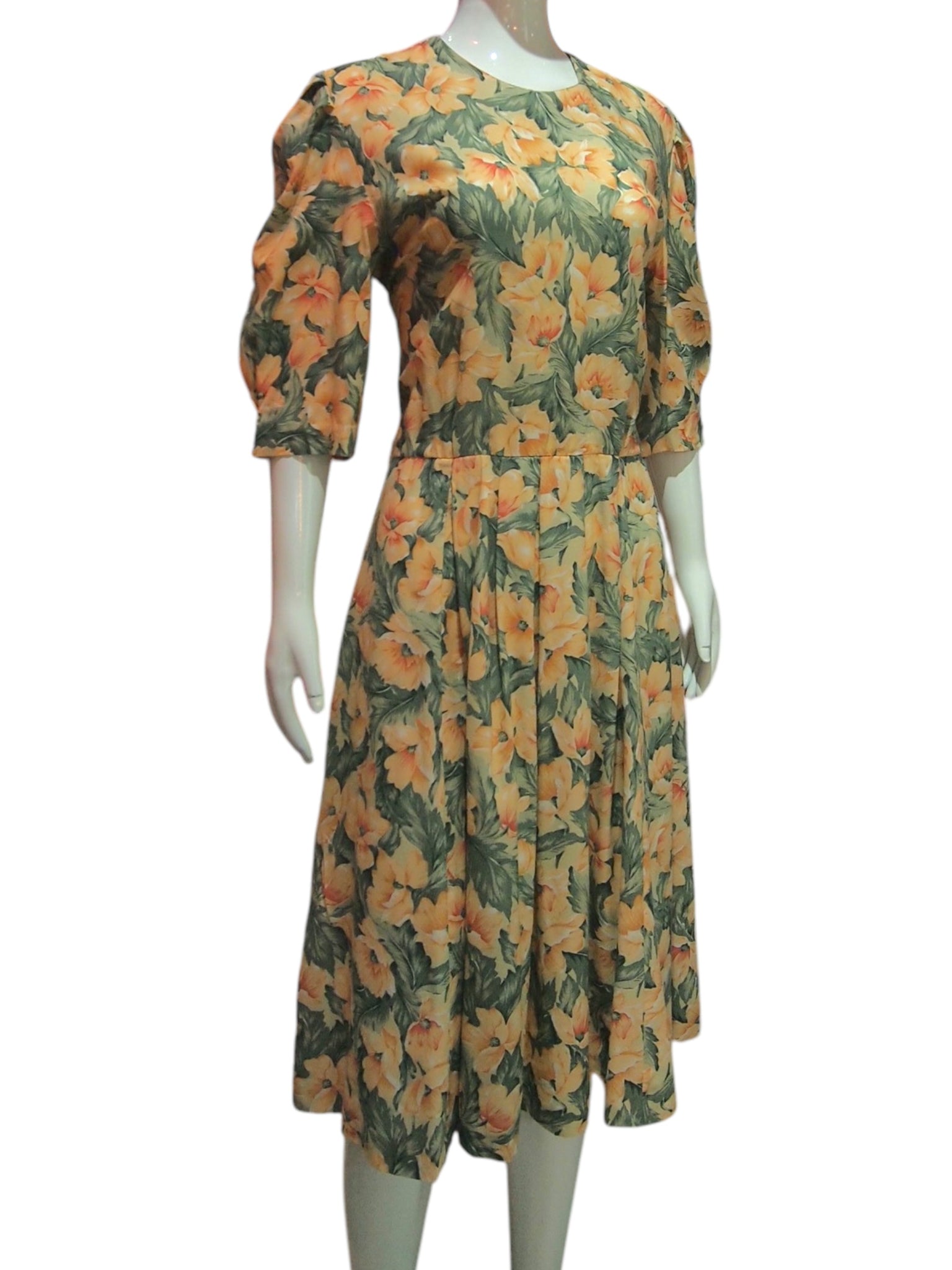 Citrus Meadow - Vintage Floral 3/4 Sleeve Dress