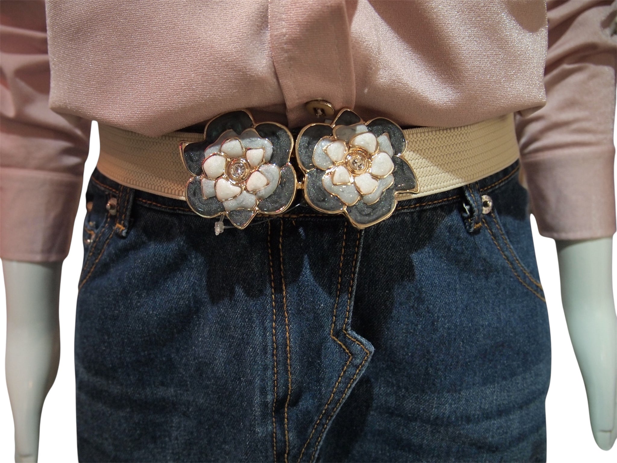 Grey Bloom Slim Vintage Stretch Belt w Enamel Buckle