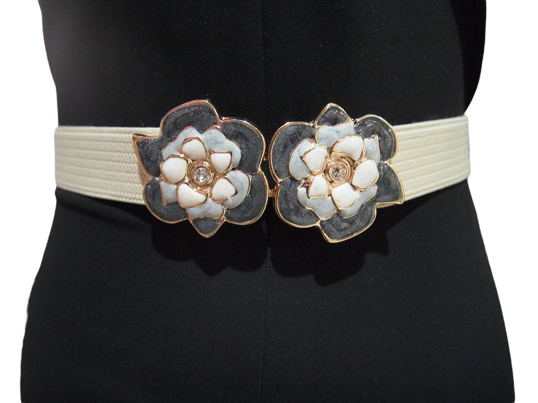 Grey Bloom Slim Vintage Stretch Belt w Enamel Buckle