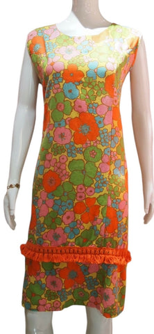 TANGERINE TANGO - 60S BRIGHT PRINTS SHIFT W FRINGE TRIM