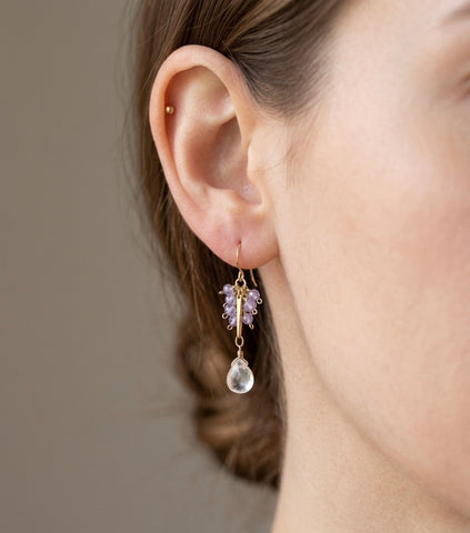 Fluorite Drop - Handmade Cluster Gemstone Semi-precious Fluorite & Clear Quartz 18k Goldfill Earrings