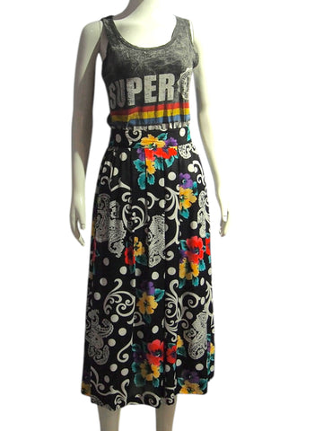 Rebel Bloom - Emo Print Black Flare Midi Skirt