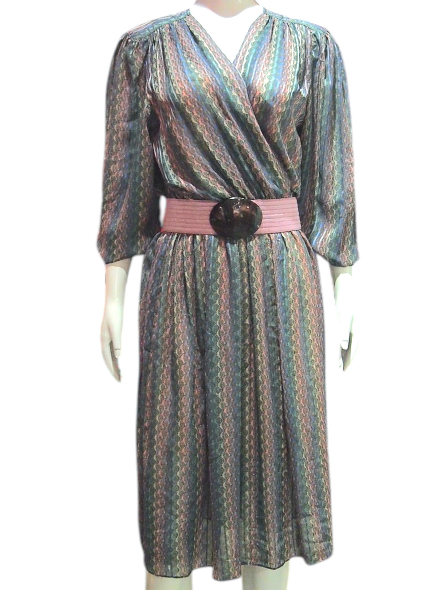 Silken Fanfare - Vintage 3/4 Sleeve Dress With Muted Pastels Fan Print