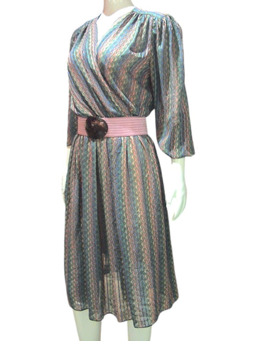 Silken Fanfare - Vintage 3/4 Sleeve Dress With Muted Pastels Fan Print