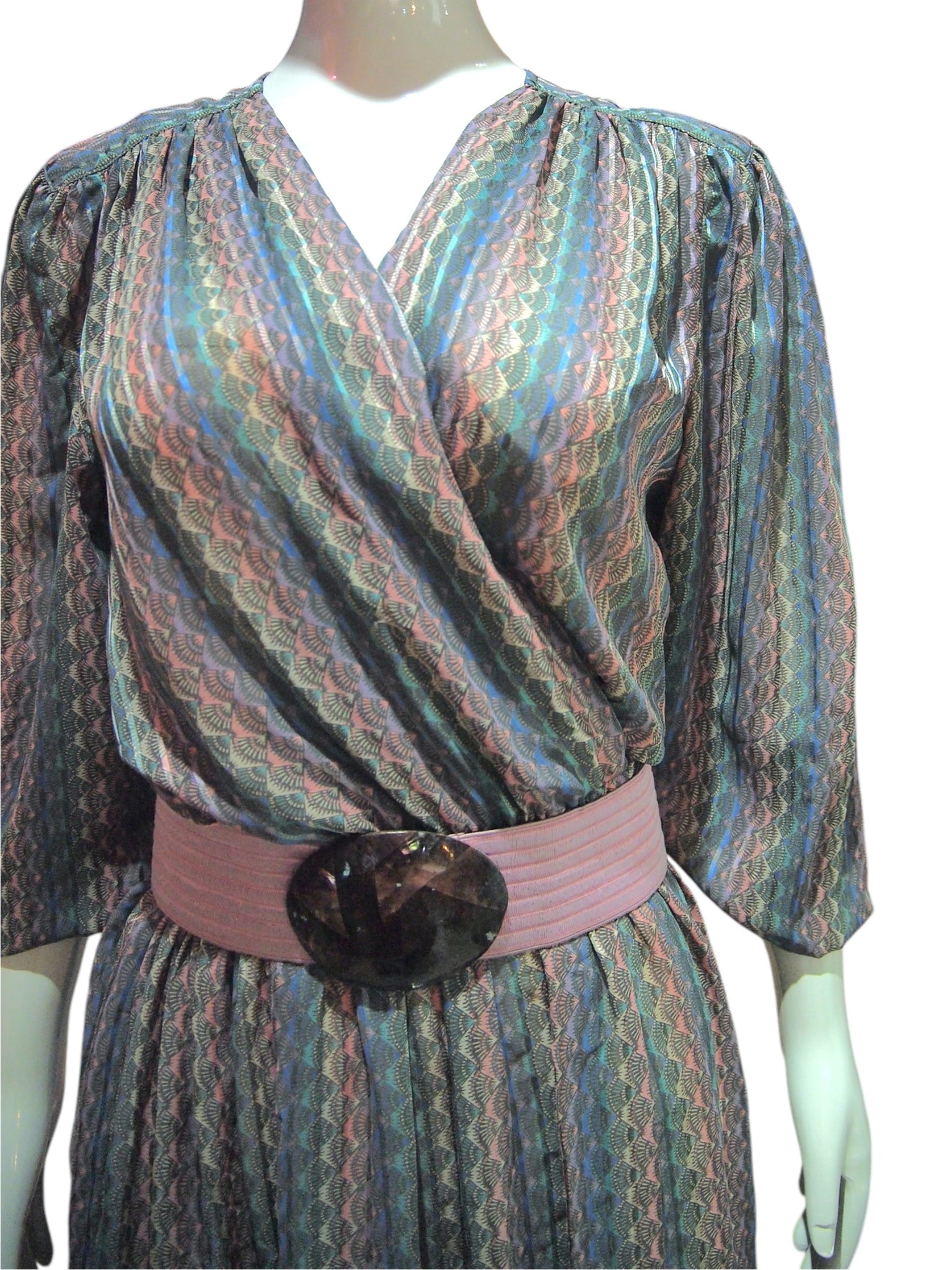 Silken Fanfare - Vintage 3/4 Sleeve Dress With Muted Pastels Fan Print