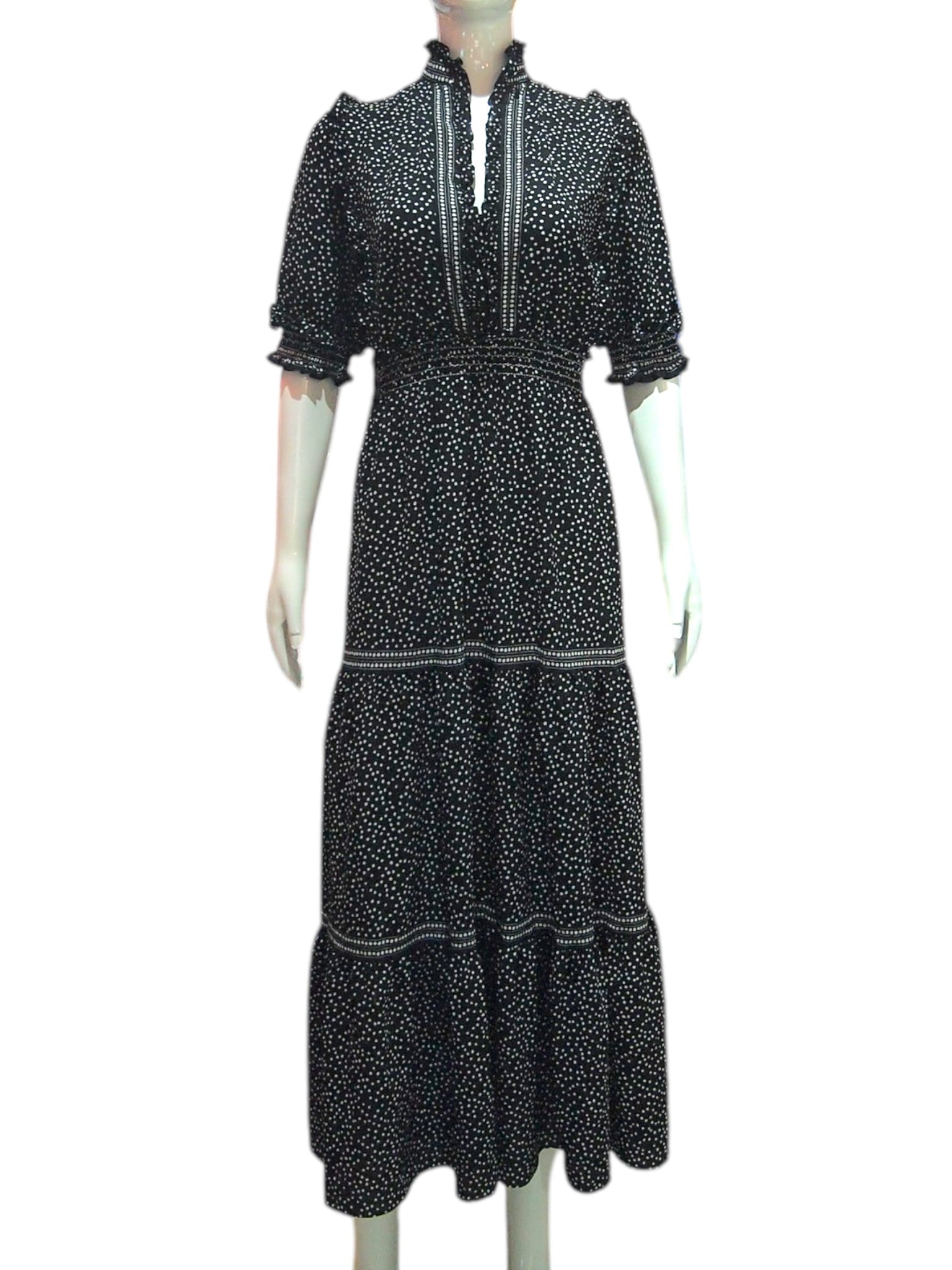 Paris Dot Noir- Vintage Black And White Polka Dot Short Sleeve Maxi Dress