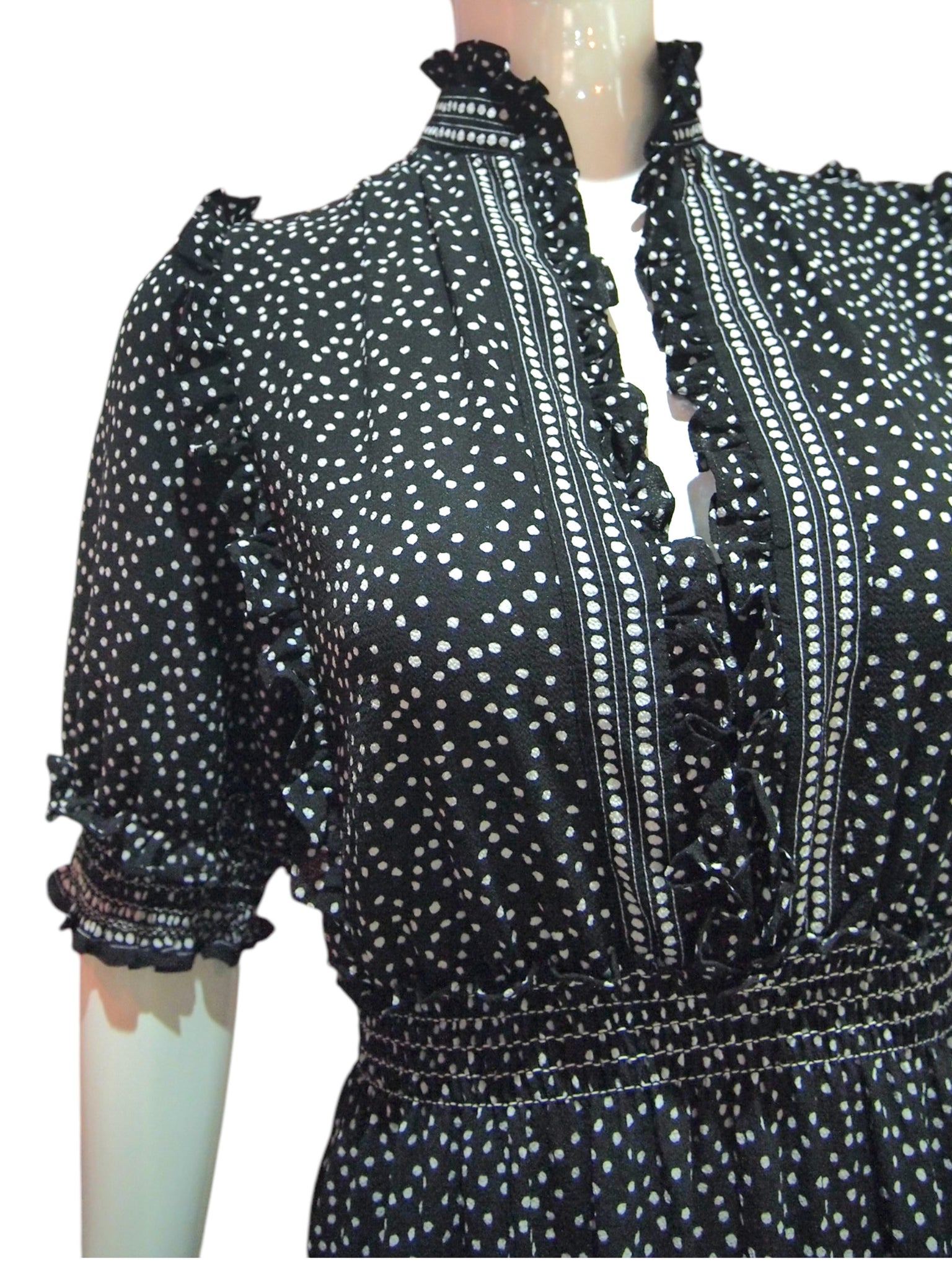 Paris Dot Noir- Vintage Black And White Polka Dot Short Sleeve Maxi Dress