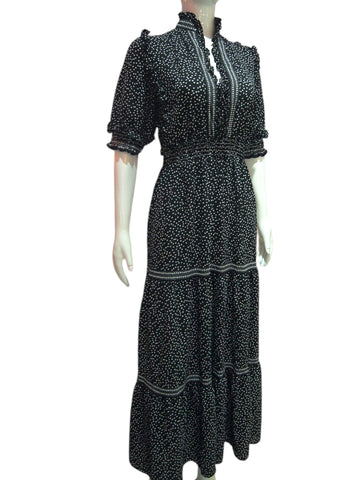 Paris Dot Noir- Vintage Black And White Polka Dot Short Sleeve Maxi Dress