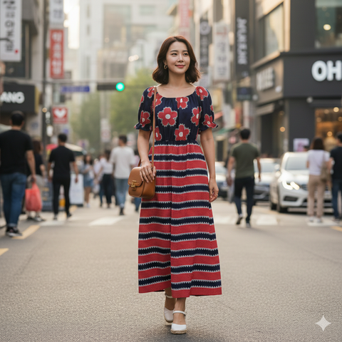 FLOWER POWER 60S RED WHITE BLUE OFF SHOULDER MAXI DRESS