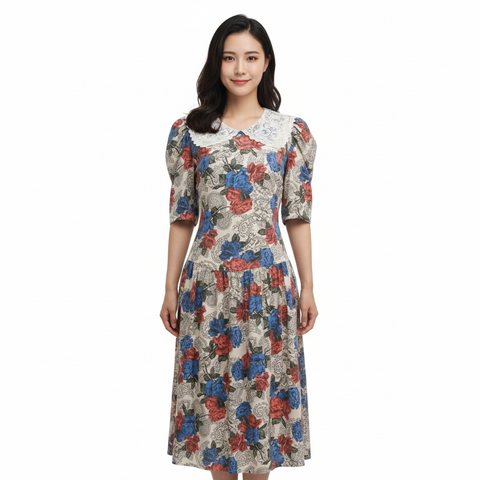 Poet In Bloom - Vintage Floral Maxi Dress with Puff Sleeve