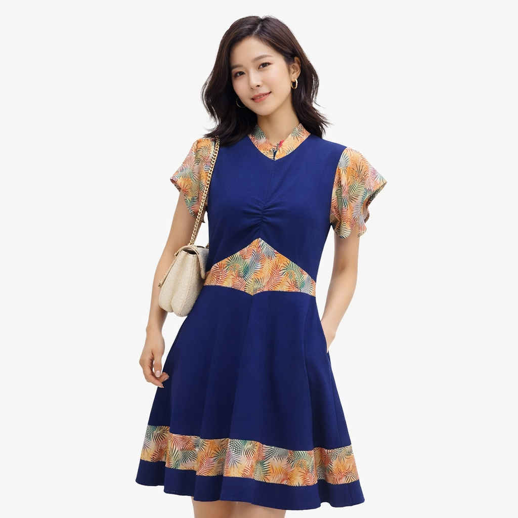 RAINBOW FERNS ANGLED SLEEVES HANDMADE MODERN COTTON CHEONGSAM - PINK OR ELECTRIC BLUE