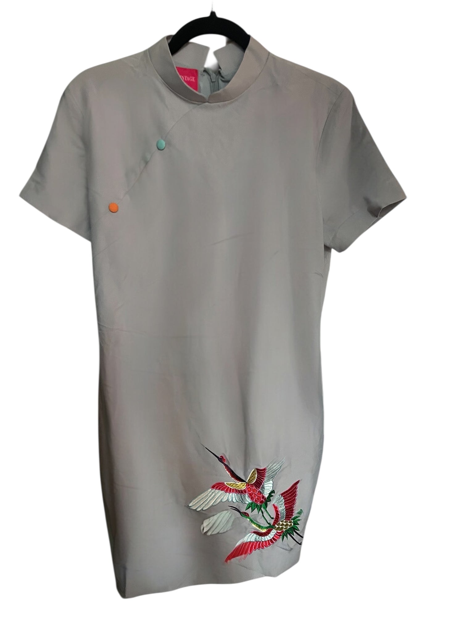 CRANE - HANDMADE, HAND-EMBROIDERED SILK-COTTON CHEONGSAM