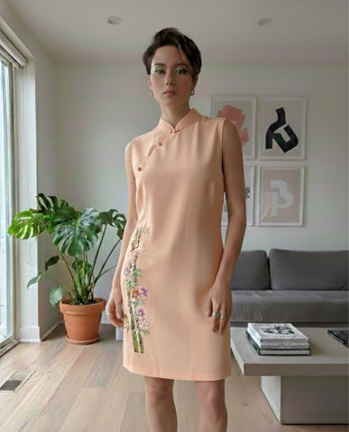 BAMBOO PLUM BLOSSOM - HANDMADE, HAND-EMBROIDERED SILK-COTTON CHEONGSAM
