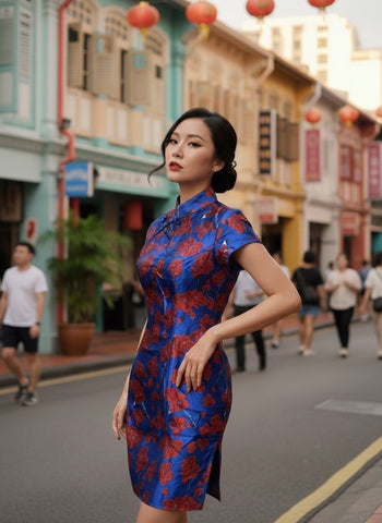 BUDS ON ROYAL BLUE  - HANDMADE, LIMITED EDITION SILK BROCADE CHEONGSAM DRESS
