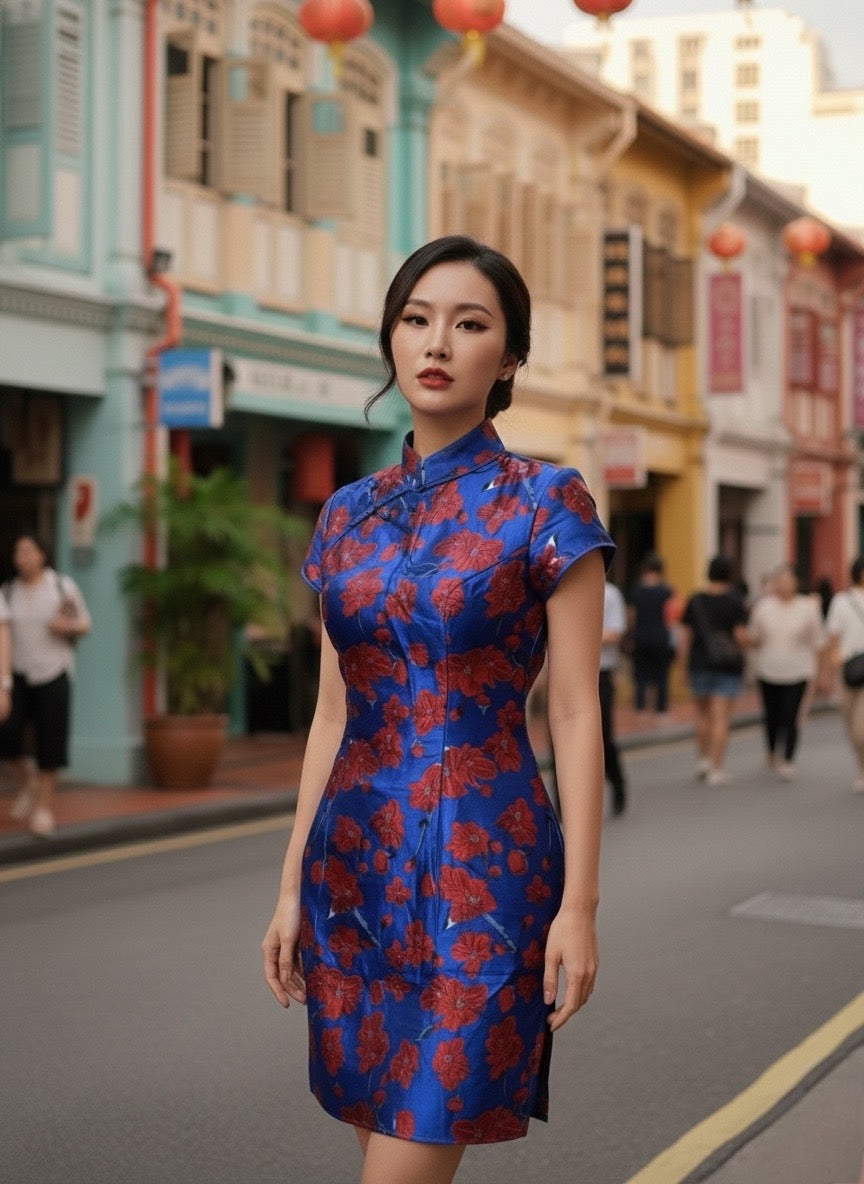 BUDS ON ROYAL BLUE  - HANDMADE, LIMITED EDITION SILK BROCADE CHEONGSAM DRESS