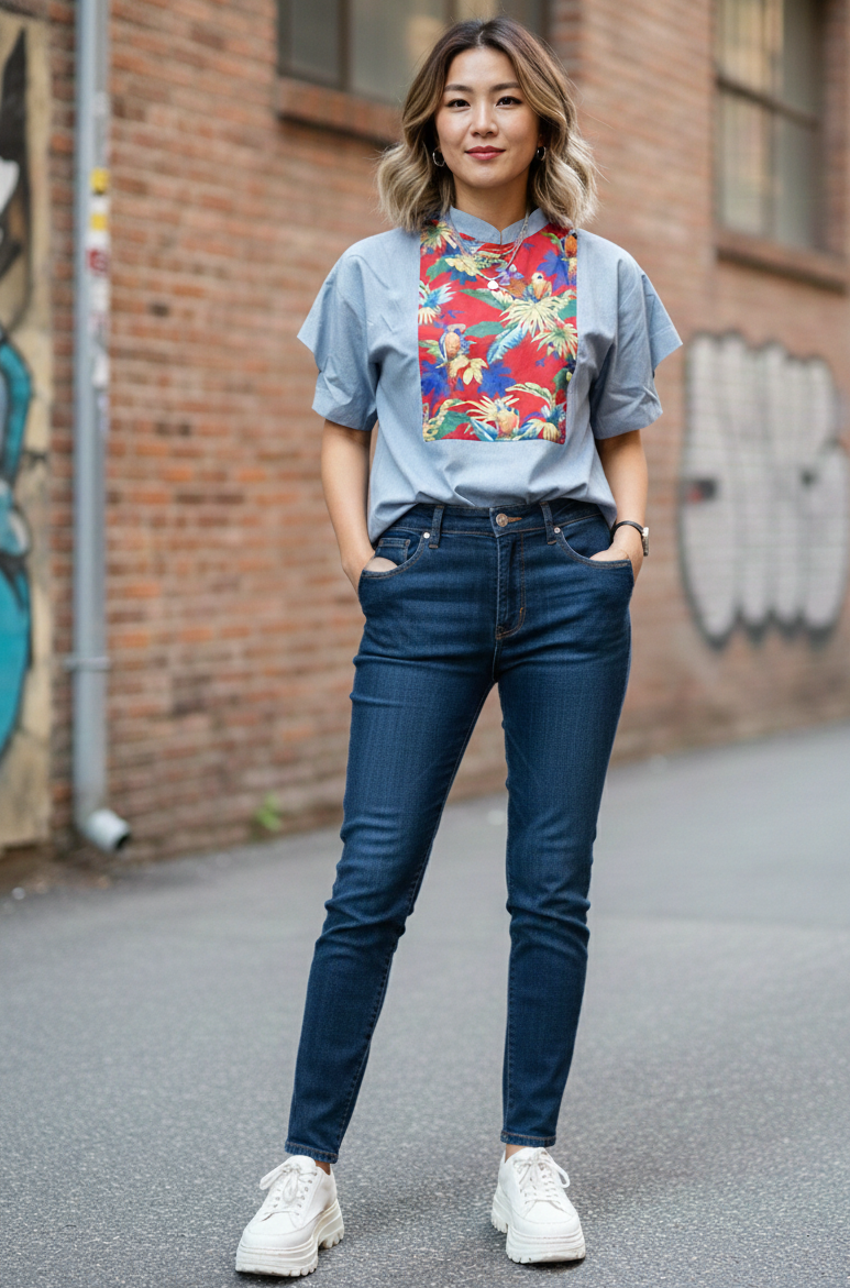 RED PARROT DENIM TOP - HANDMADE MODERN COTTON CHEONGSAM