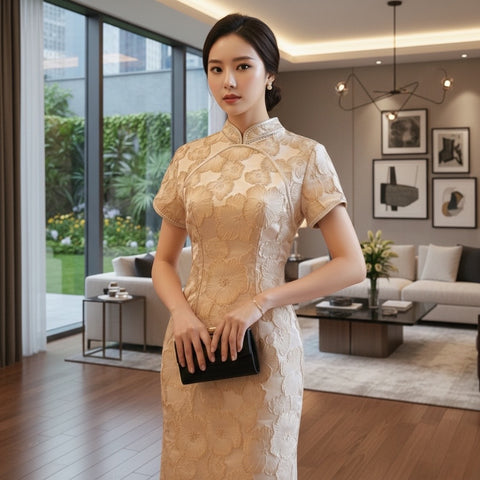 CHAMPAGNE PEARLS  - HANDMADE, LIMITED EDITION SILK BROCADE CHEONGSAM DRESS