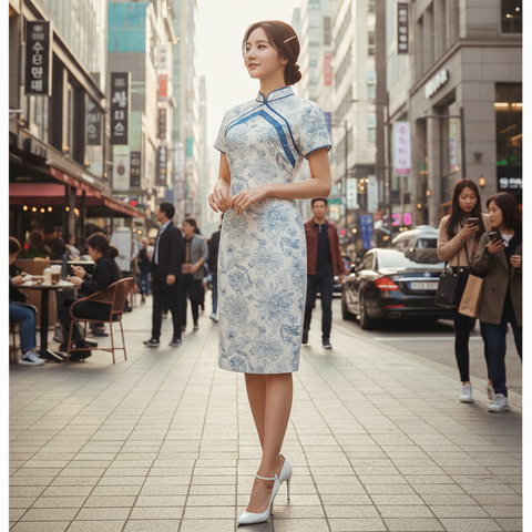 PORCELAIN BLOOM - BLUE WHITE TEXTURED CHINE EMBROIDERED COTTON FLORALS HANDMADE MODERN CHEONGSAM DRESS