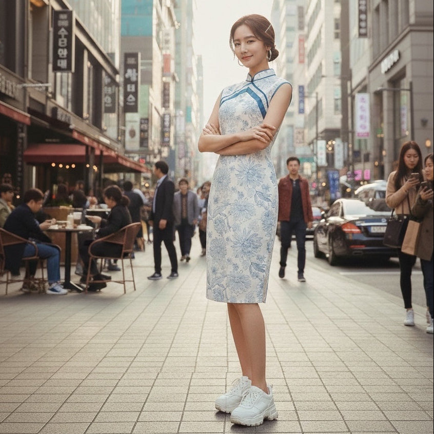 PORCELAIN BLOOM - BLUE WHITE TEXTURED CHINE EMBROIDERED COTTON FLORALS HANDMADE MODERN CHEONGSAM DRESS