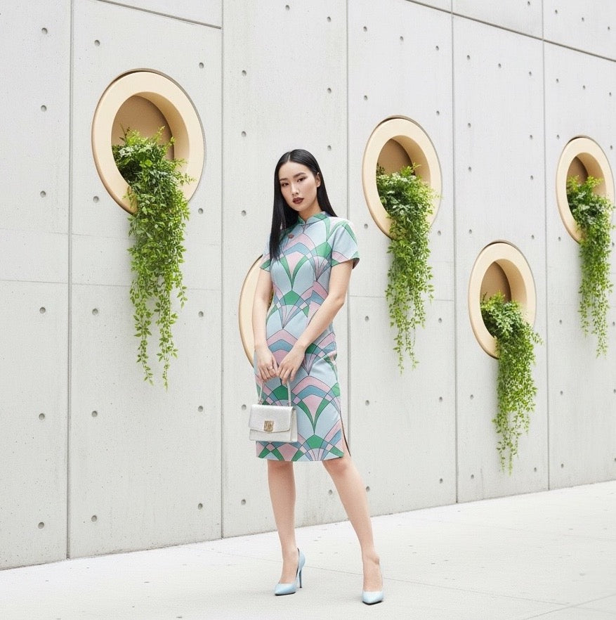 BLUE KALEIDOSCOPE - HANDMADE MODERN SILK CHIFFON CHEONGSAM