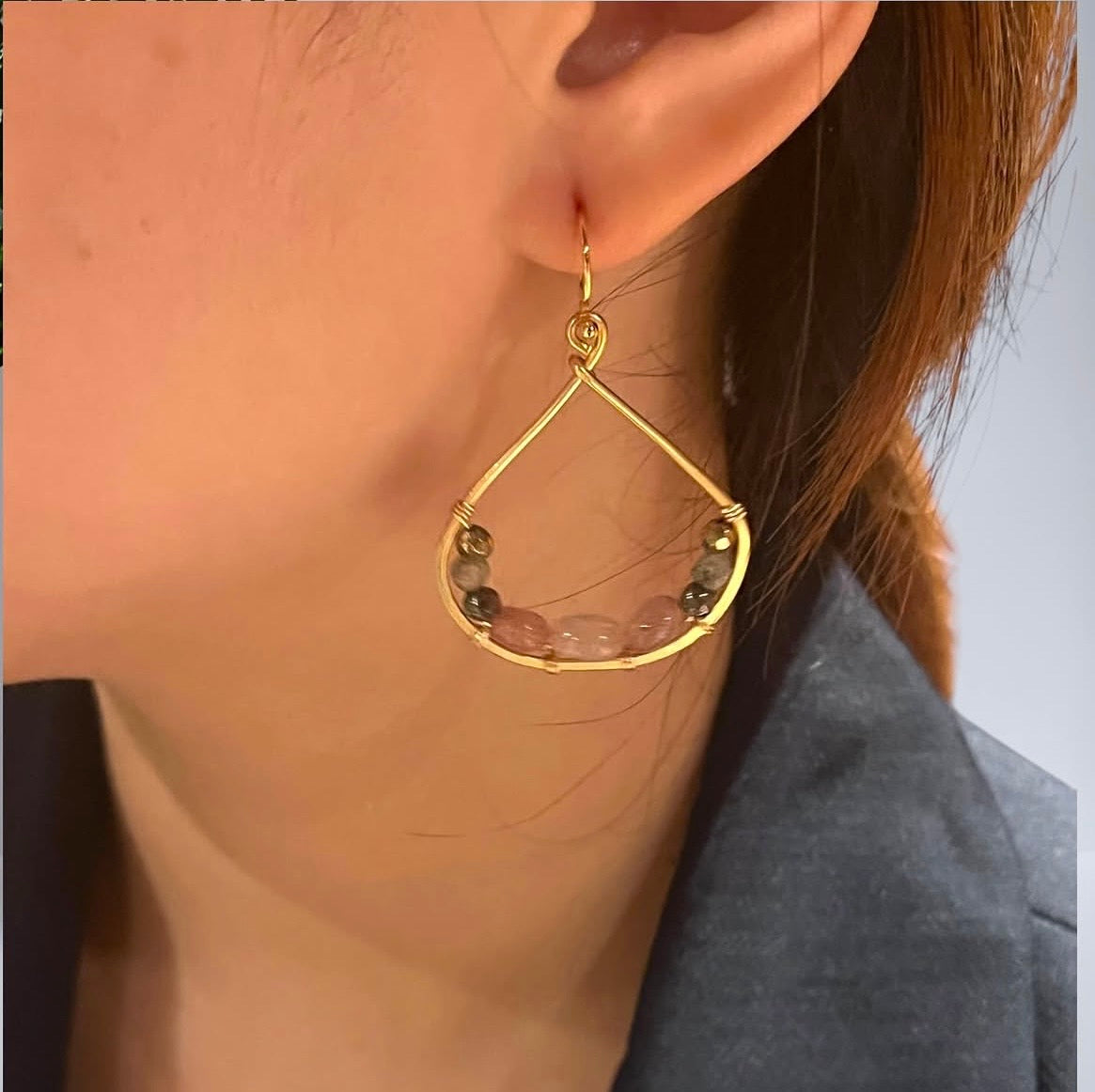 Wired Teardrop - Handmade Gemstone Semi-precious Gold-plated Earrings