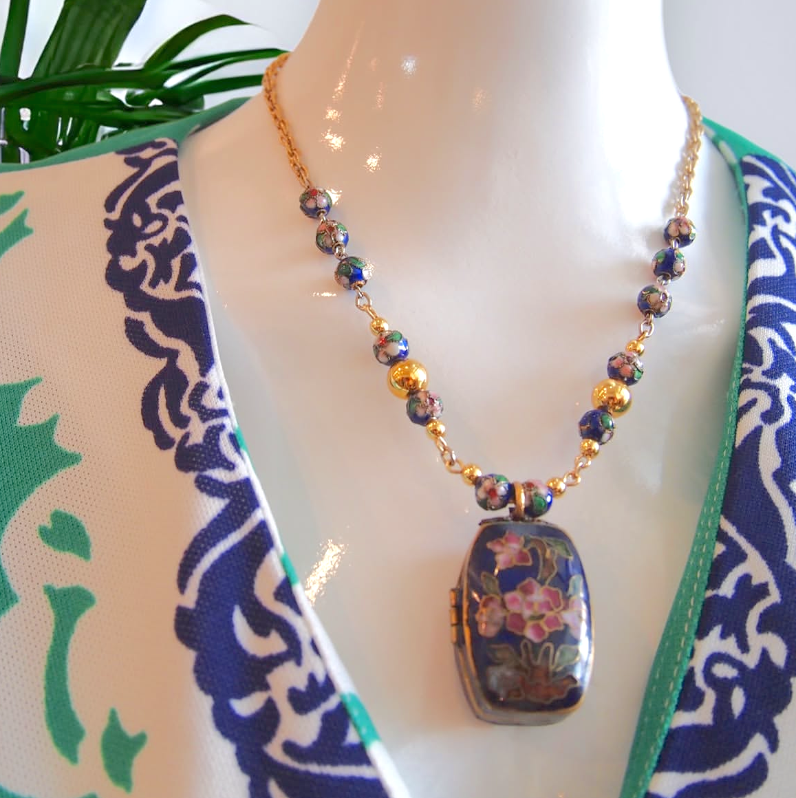The Heirloom Azure - Handmade one-of-a-kind vintage cloisonne pill box locket necklace