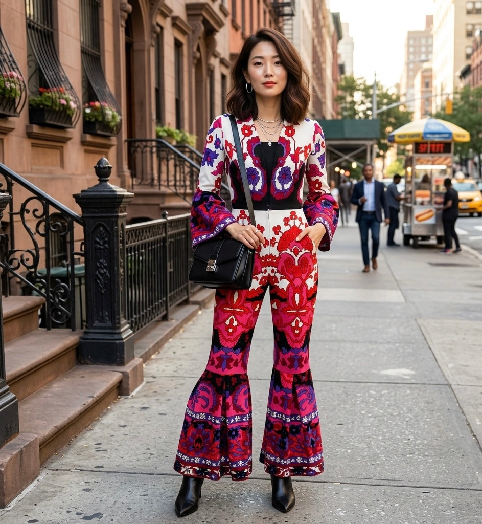 Purple Psychedelic Jumpsuit with Pantaloon Flare Sleeves and Pants