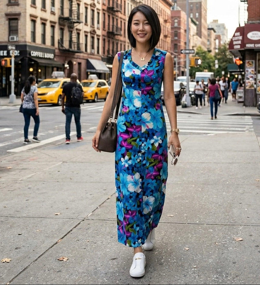 Copacabana - 1960s Blue Tropicana Maxi Dress