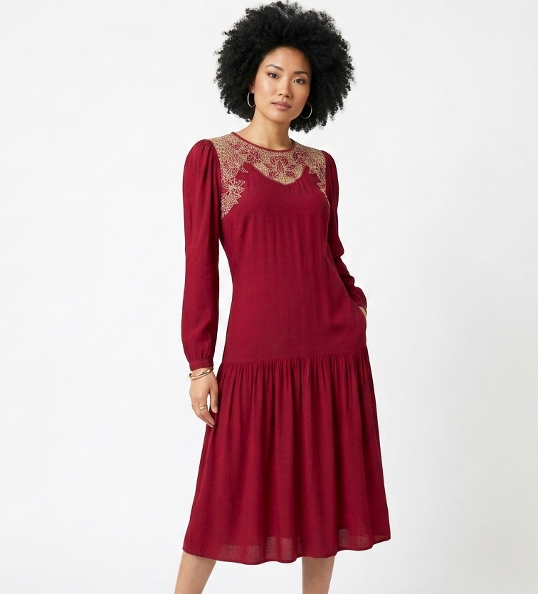 Magenta Macrame Lace Drop Waist Flare Hem Dress