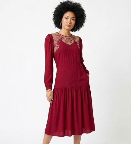 Magenta Macrame Lace Drop Waist Flare Hem Dress