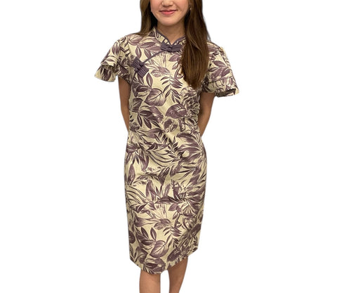 SWAYING LEAVES FLUTTER SLEEVES IN PALE LILAC  - HANDMADE MODERN COTTON CHEONGSAM DRESS