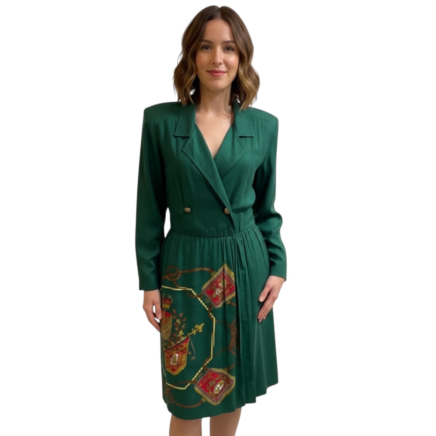 Motif In Moss - Edgy Green Strong Shouldered Print Trench Dress Long-Sleeved