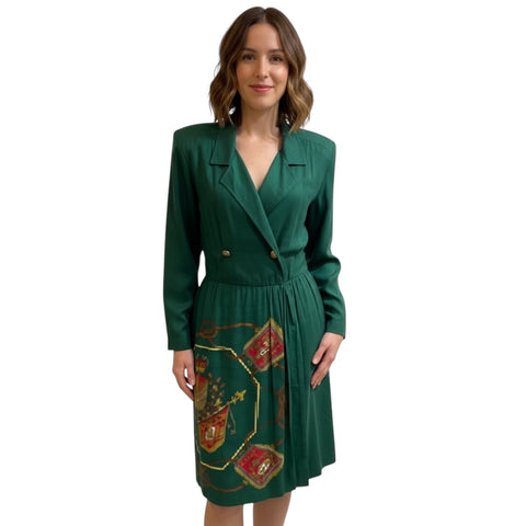 Motif In Moss - Edgy Green Strong Shouldered Print Trench Dress Long-Sleeved
